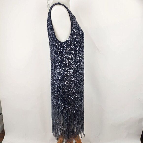 ADRIANNA PAPELL Navy Beaded Fringe Sequin Flapper Cocktail Party Dress 12-14 - Picture 5 of 8